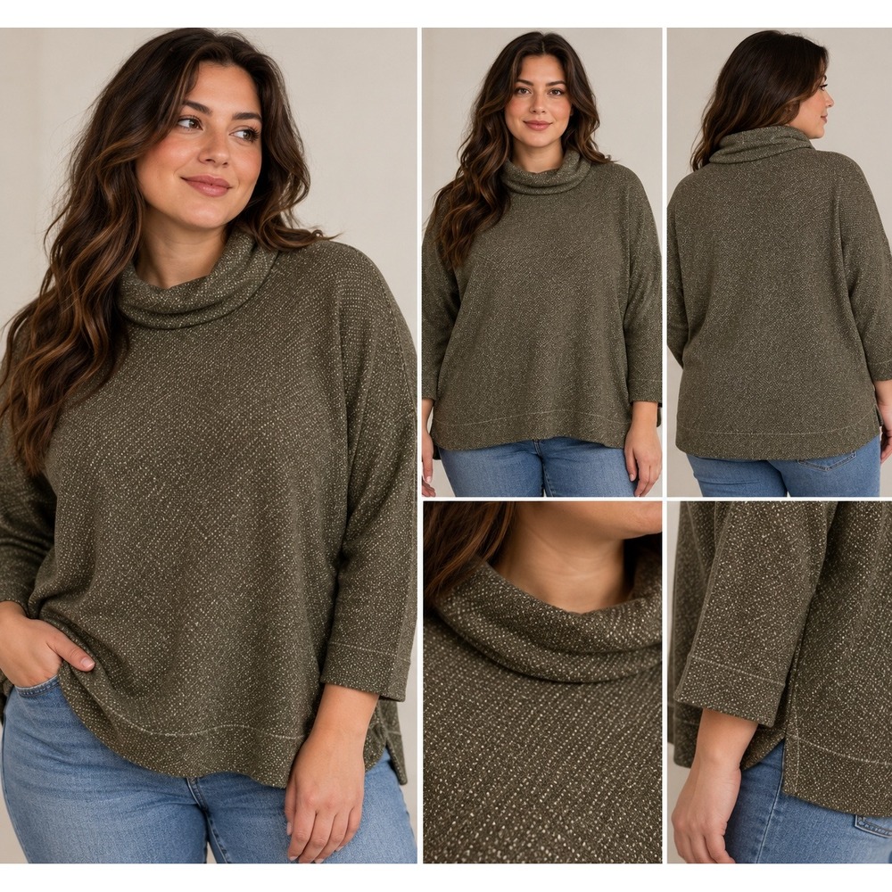 Lands End Cowl Neck Top Women 2X Olive Green Minimalist Quiet Luxury Textured